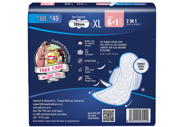 Cushiony Secure ULTRA Sanitary Pads | 7 Pads | XL Size - 280mm | Best pads under leggings / jeans